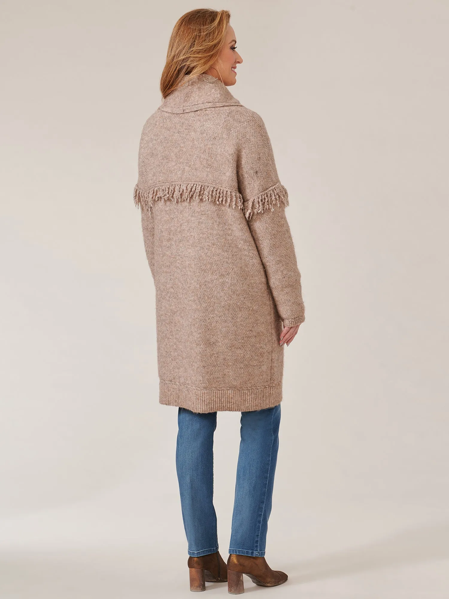 Long Sleeve Fringe Yoke Shawl Collar Drop Pocket Coatigan