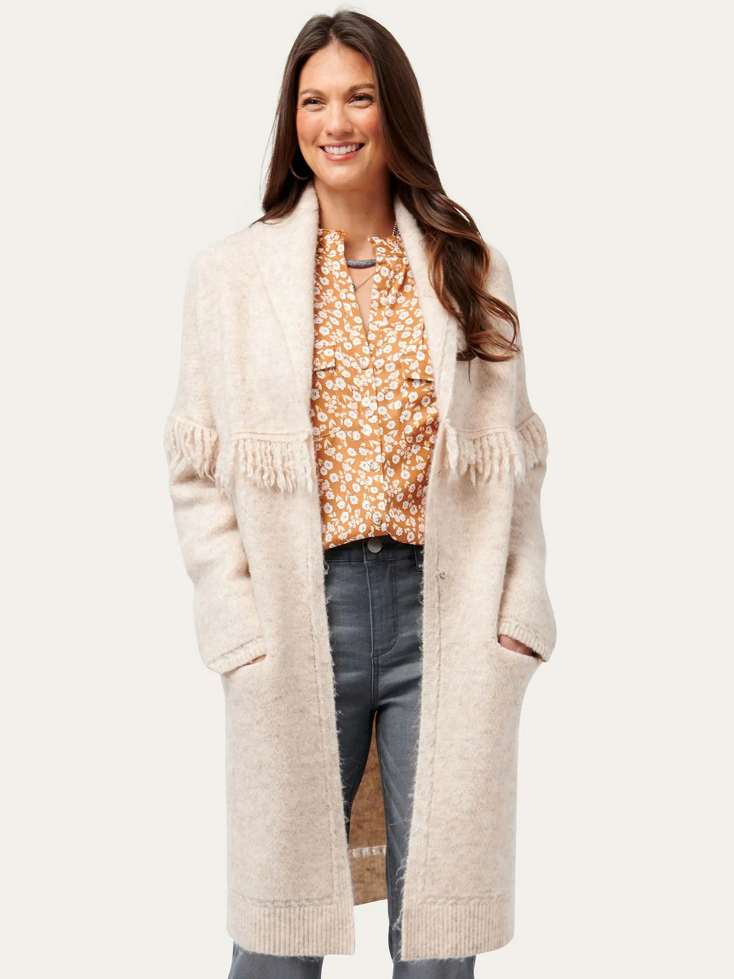 Long Sleeve Fringe Yoke Shawl Collar Drop Pocket Coatigan