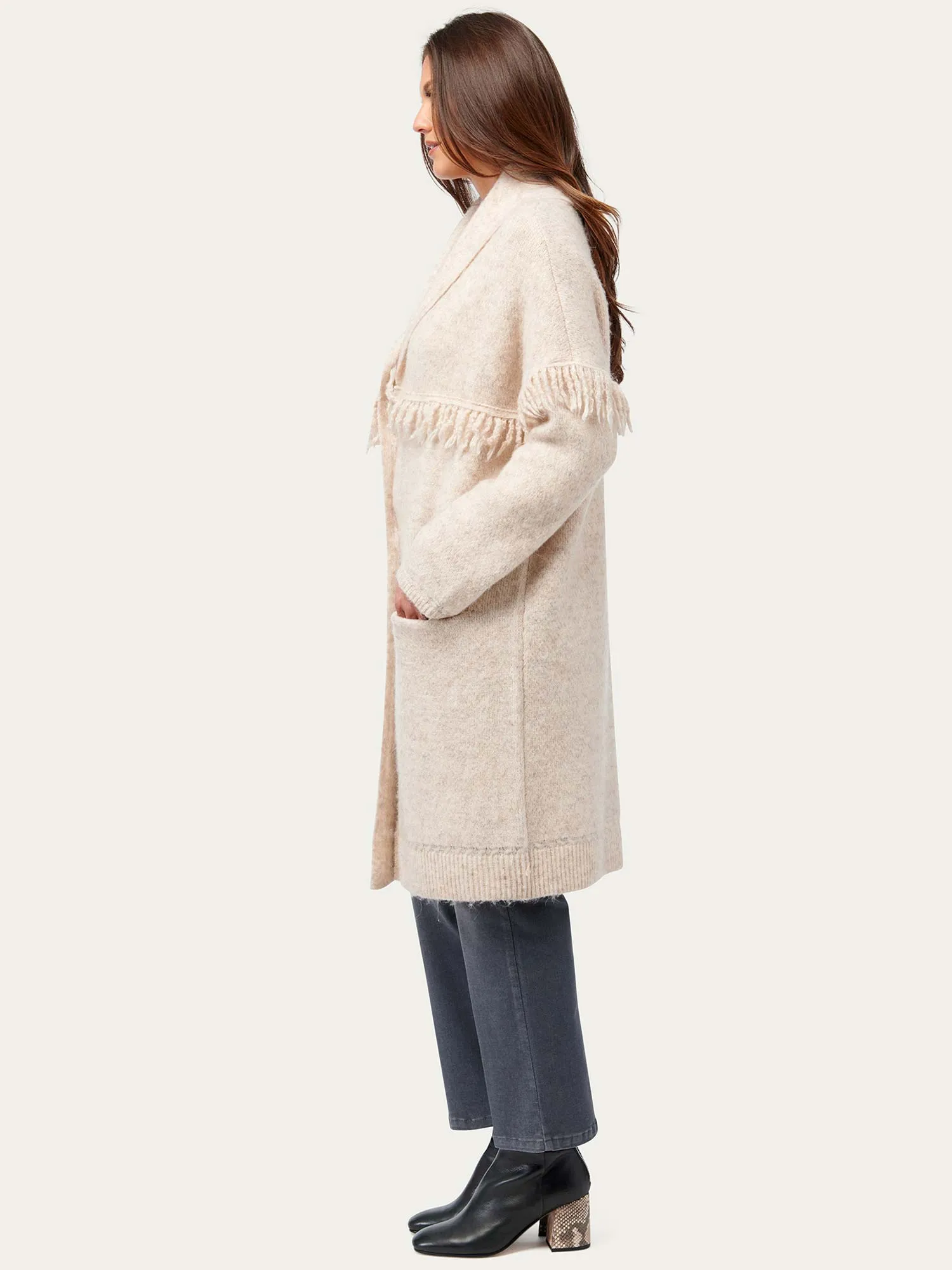 Long Sleeve Fringe Yoke Shawl Collar Drop Pocket Coatigan