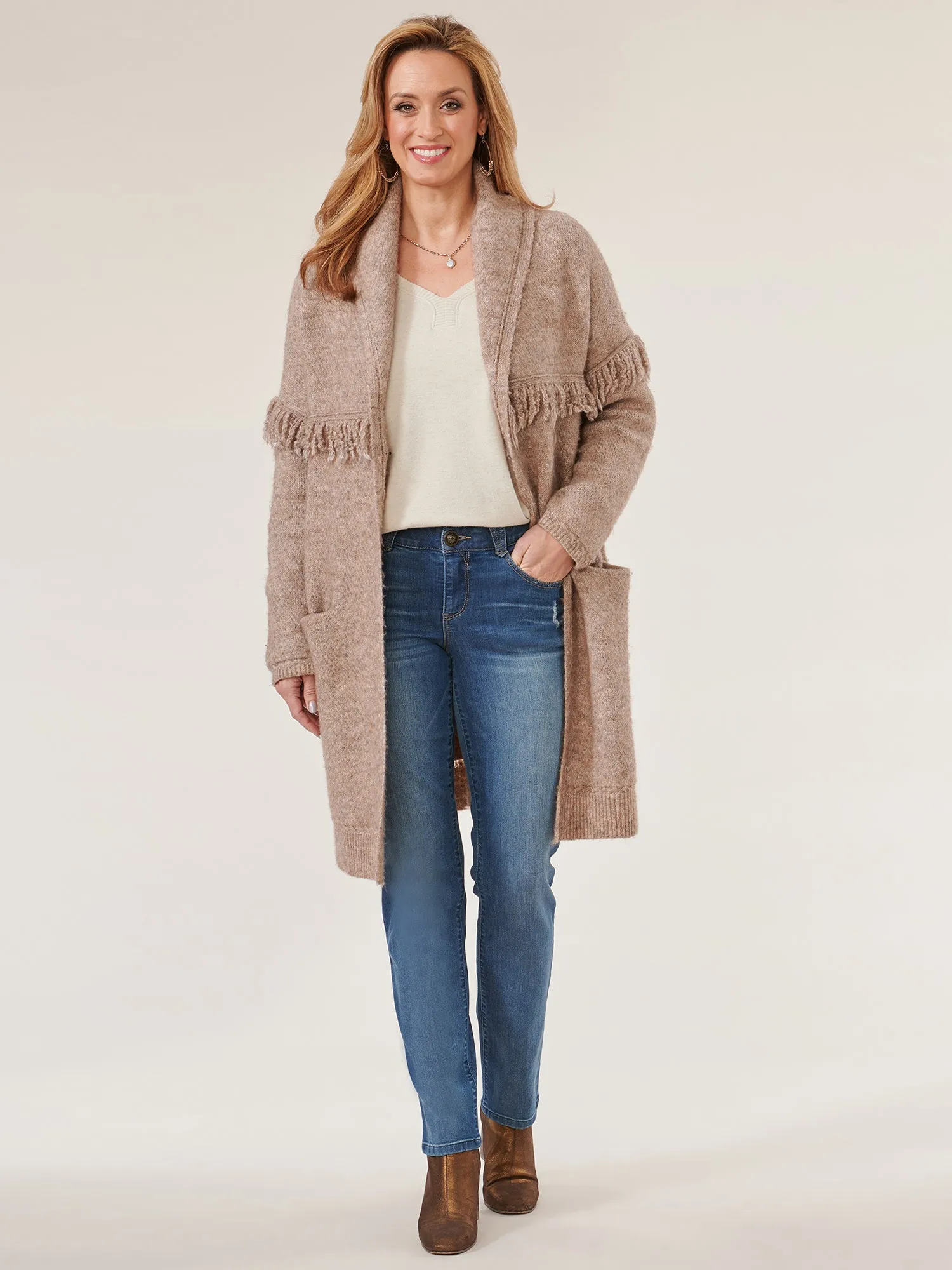 Long Sleeve Fringe Yoke Shawl Collar Drop Pocket Coatigan