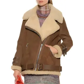 Luxurious Women's Brown Suede Shearling Jacket – Warm & Stylish