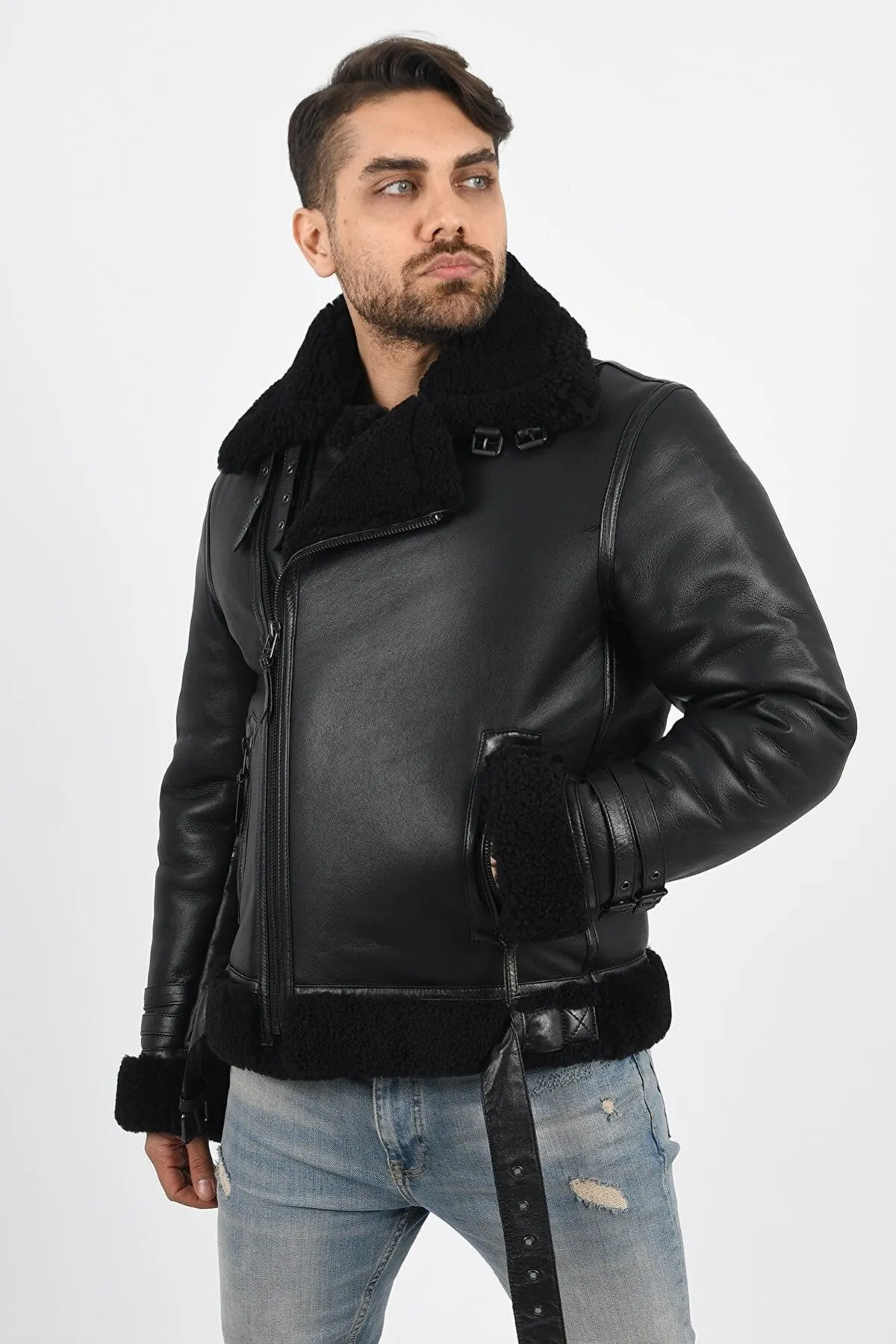 Men’s Black Curly Shearling Jacket