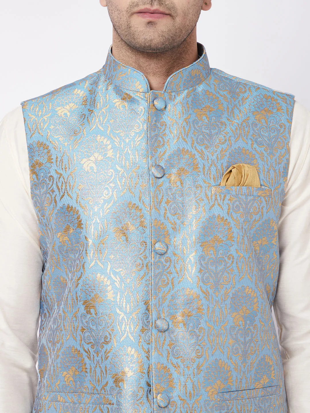 Men's Cream And Grey Viscose Jacket, Kurta And Pyjama Set - Vastramay