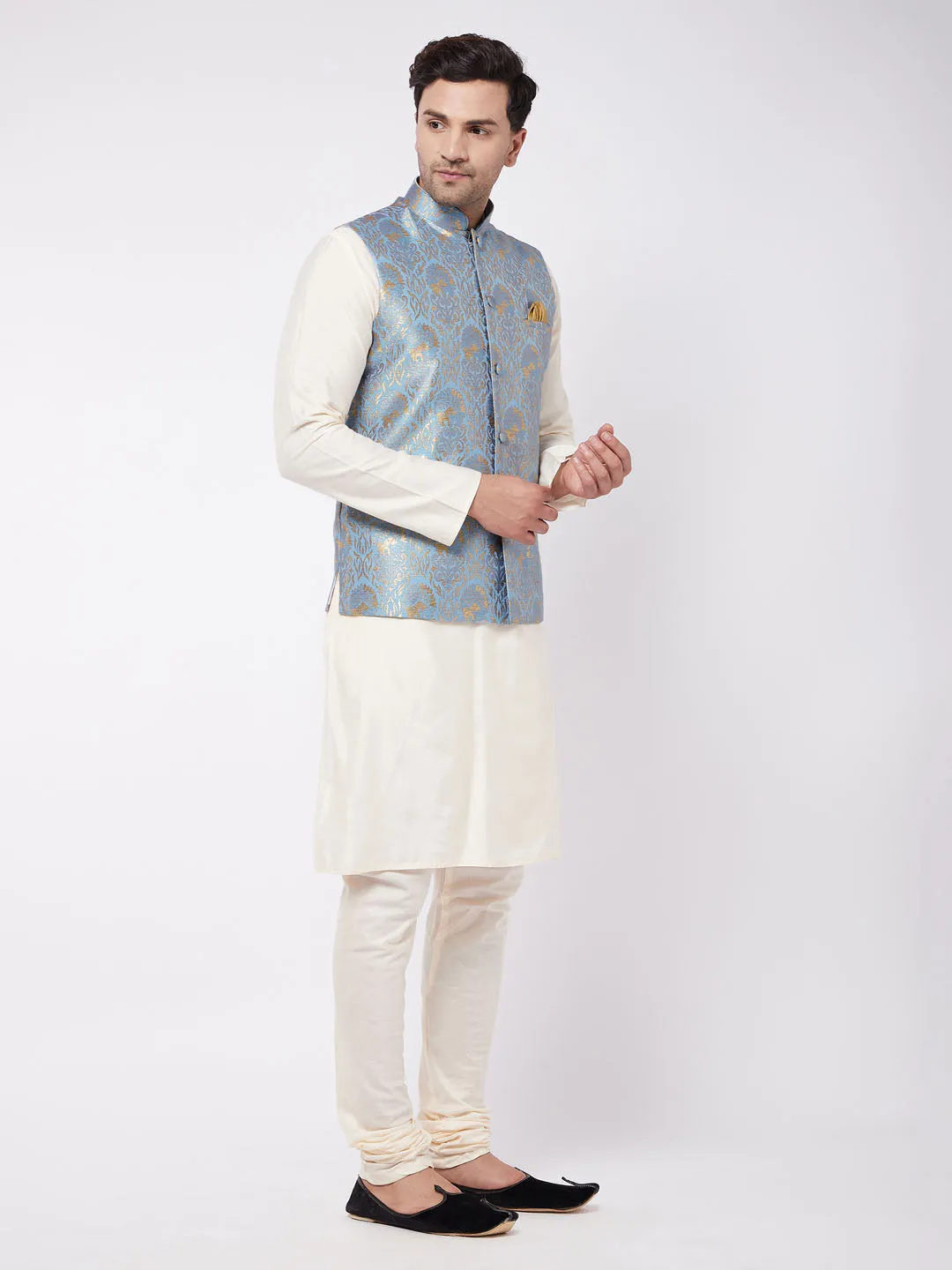 Men's Cream And Grey Viscose Jacket, Kurta And Pyjama Set - Vastramay