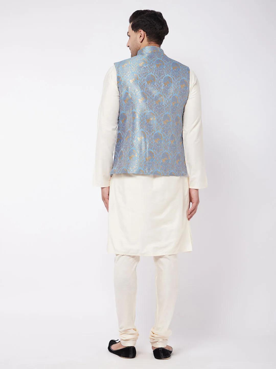 Men's Cream And Grey Viscose Jacket, Kurta And Pyjama Set - Vastramay