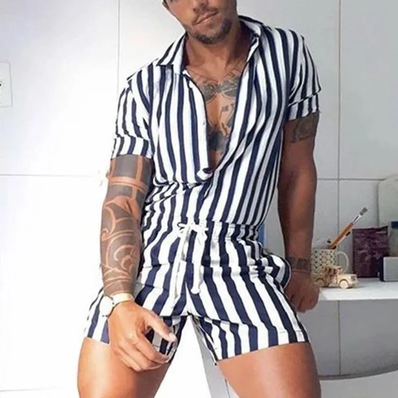 Men's Fashion Lapel Stripe Shorts Overall 00603333M
