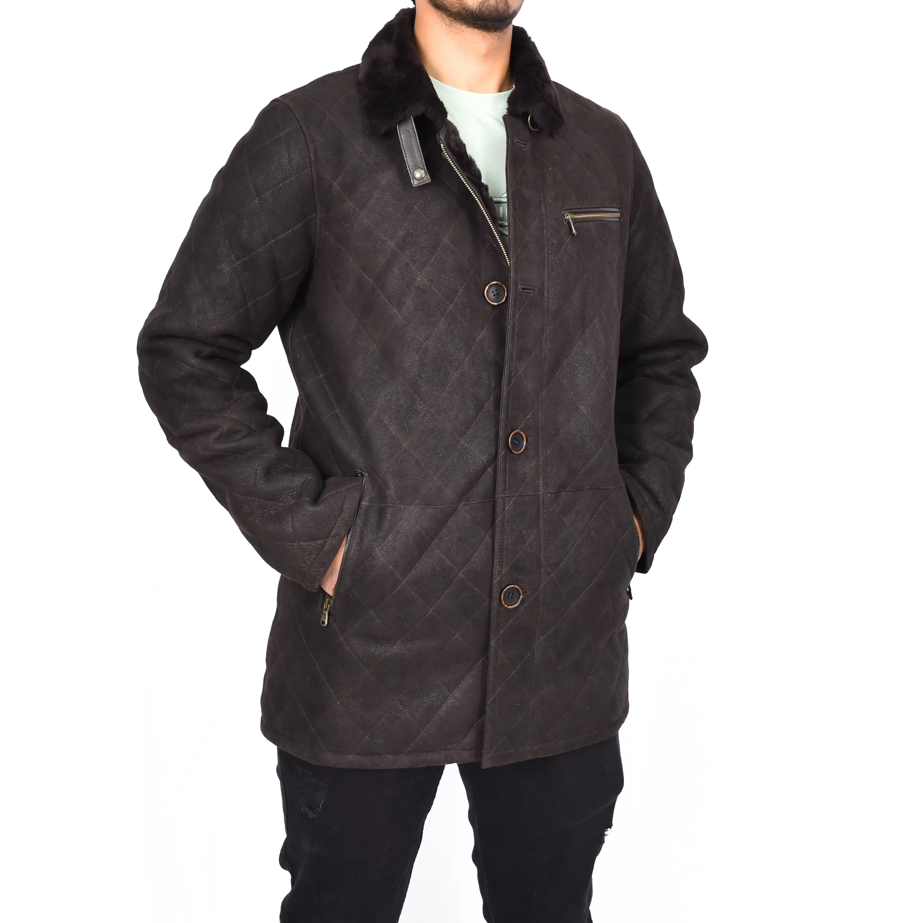 Men's Luxurious Real Sheepskin Jacket Shearling Fur Brown Osvald