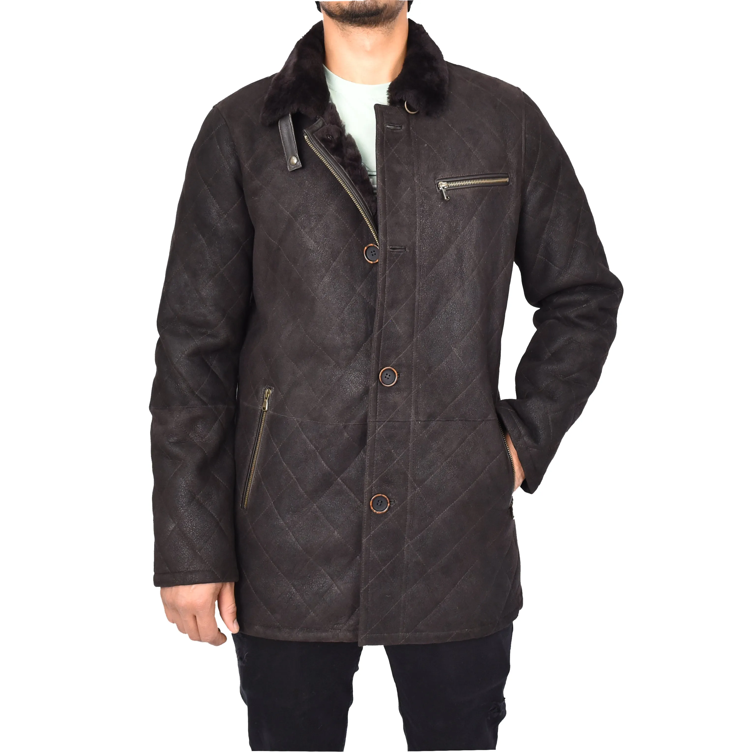 Men's Luxurious Real Sheepskin Jacket Shearling Fur Brown Osvald