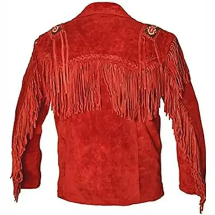Men's Red Leather Cowboy Jacket with Fringe Detailing