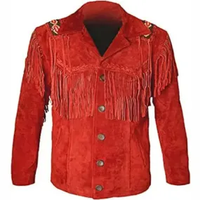 Men's Red Leather Cowboy Jacket with Fringe Detailing