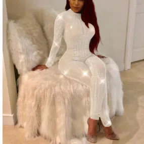 Mesh Hot Drilling Long Sleeve Women Jumpsuit