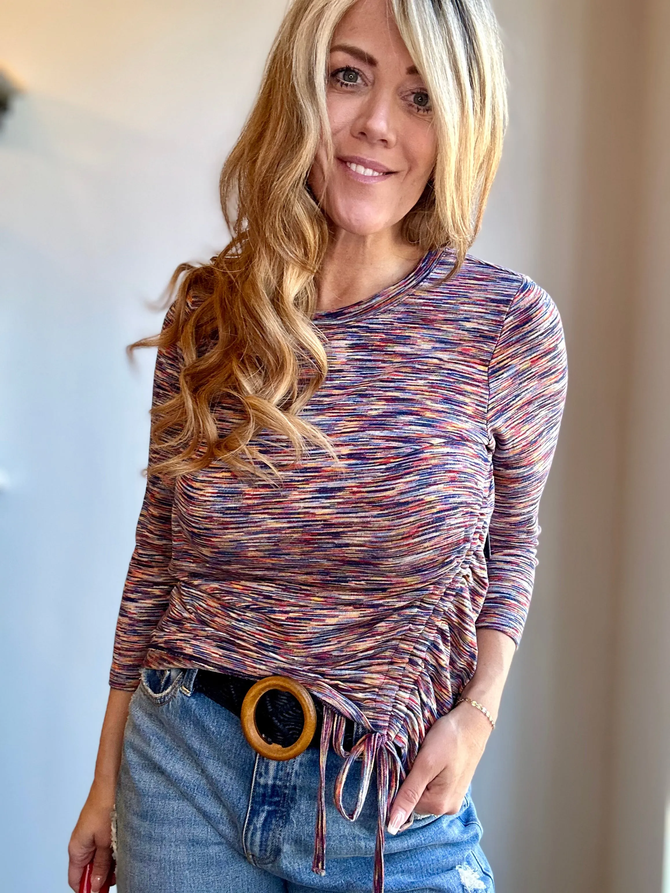 Multi-Colored Ruched Side 3/4 Sleeve Top
