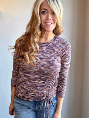 Multi-Colored Ruched Side 3/4 Sleeve Top