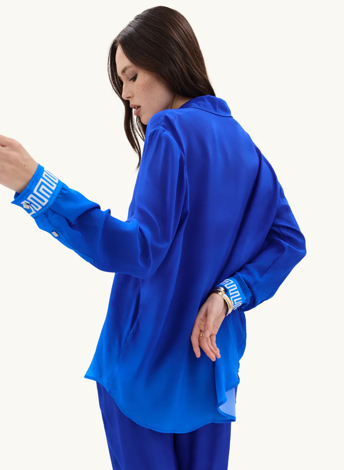 Muma World Cuban Nights Contrast Silk Chiffon Shirt in COBALT