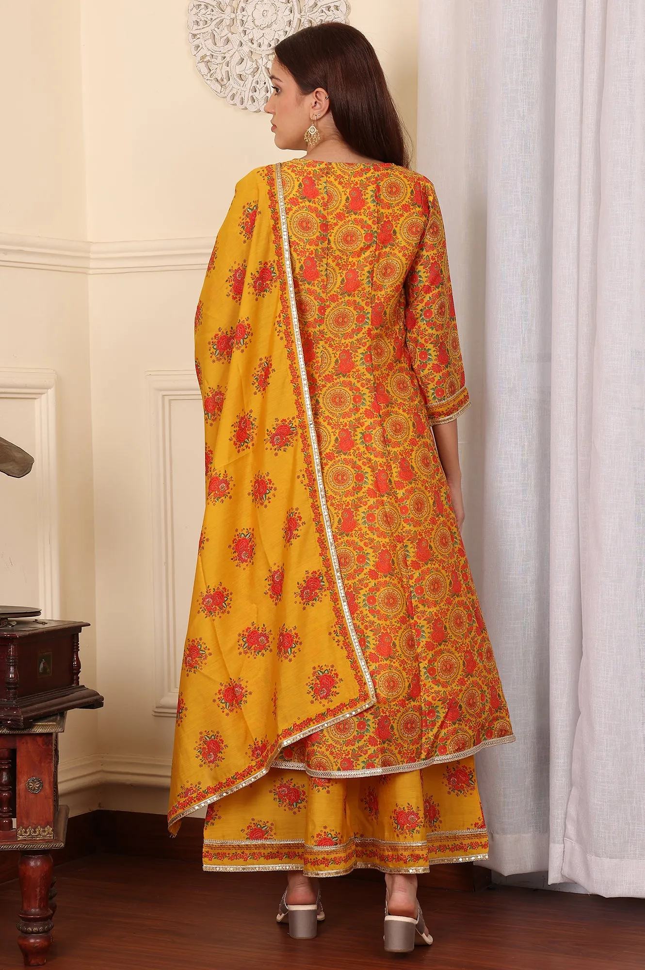 Mustard Yellow Floral Printed Chanderi Anarkali Kurta With Embroidery, Flared Pants And Dupatta Set