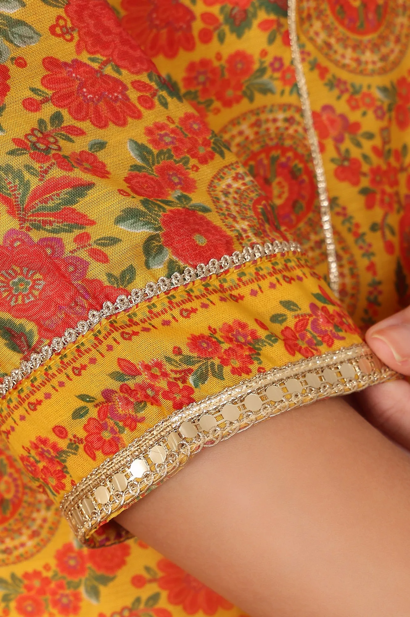 Mustard Yellow Floral Printed Chanderi Anarkali Kurta With Embroidery, Flared Pants And Dupatta Set