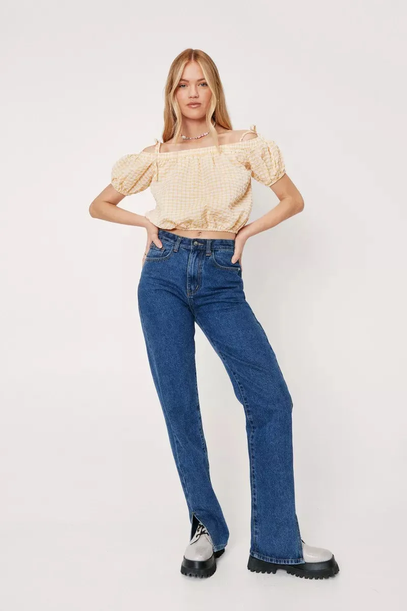 NastyGal Cold Shoulder Cropped Textured Check Smock Ladies Blouse