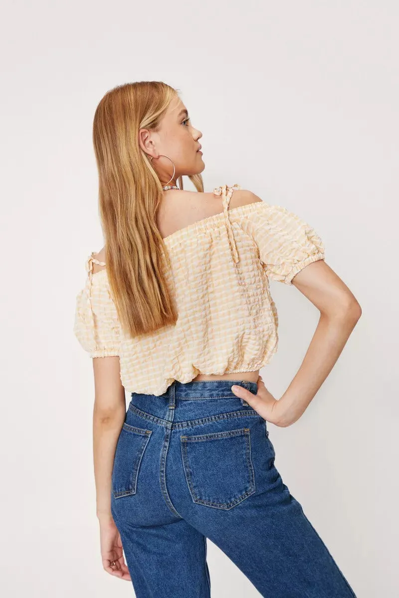 NastyGal Cold Shoulder Cropped Textured Check Smock Ladies Blouse