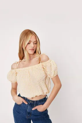 NastyGal Cold Shoulder Cropped Textured Check Smock Ladies Blouse