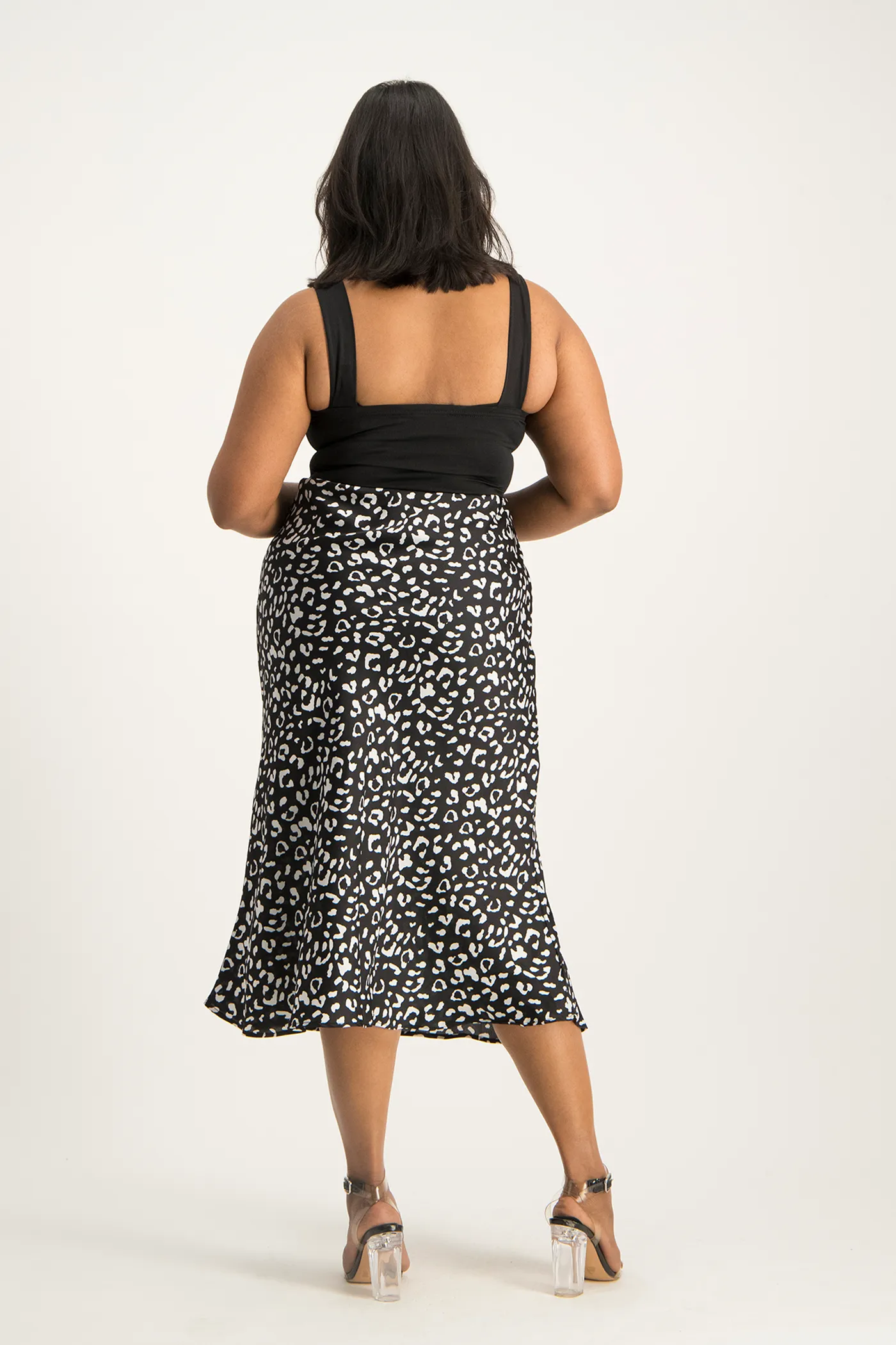 Natalie Satin Midi Skirt - Black Animal Print