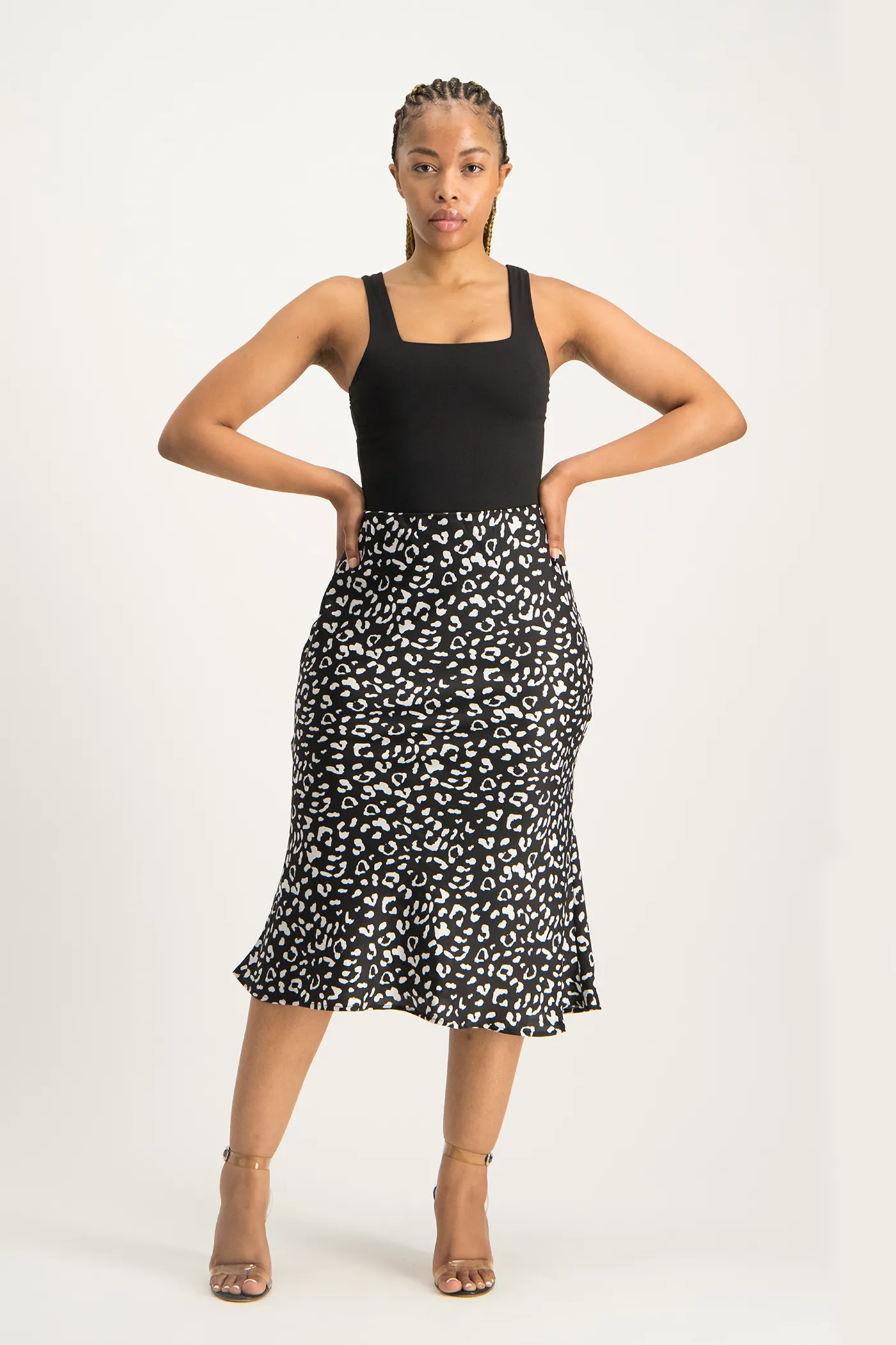 Natalie Satin Midi Skirt - Black Animal Print
