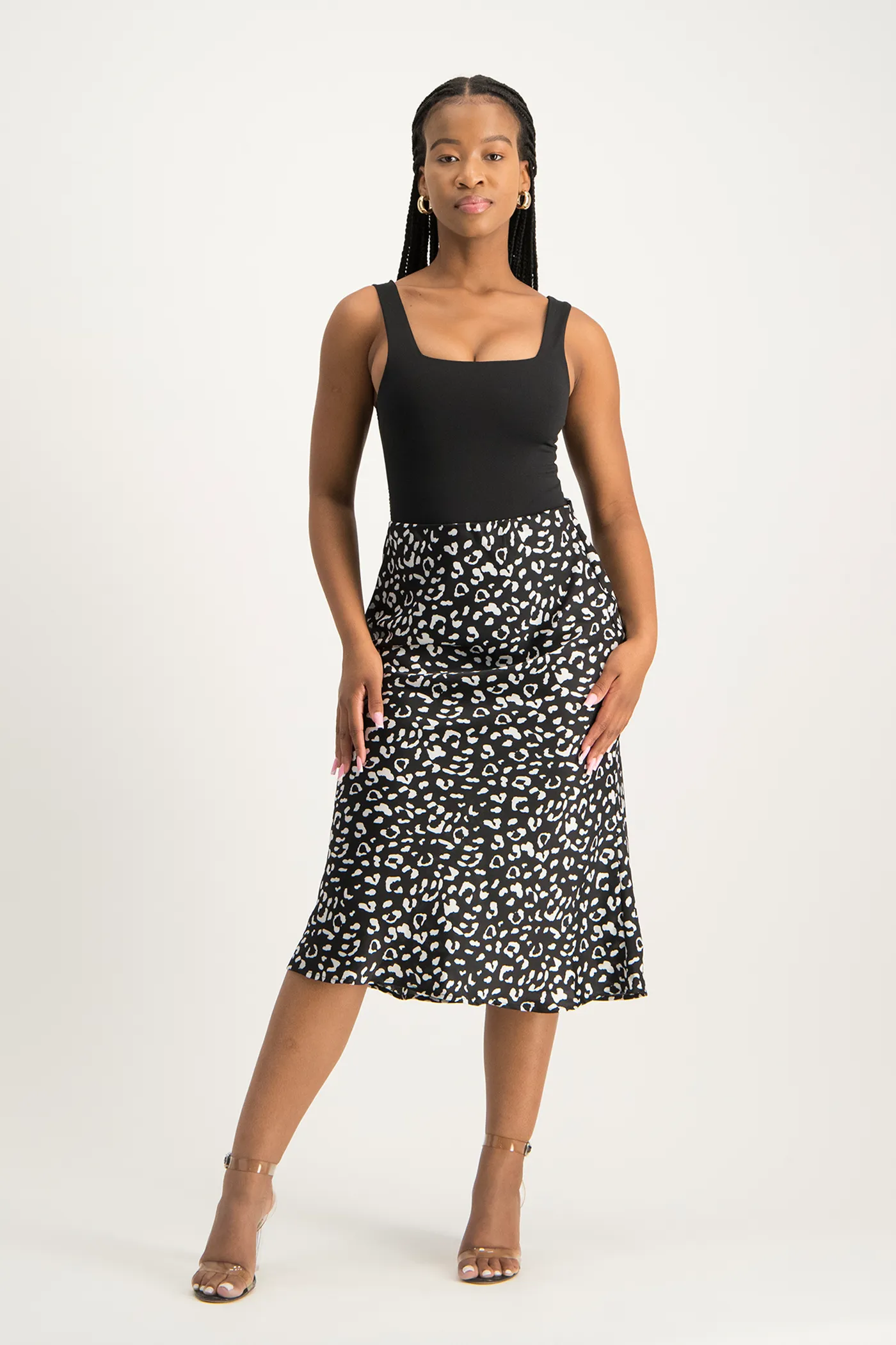 Natalie Satin Midi Skirt - Black Animal Print