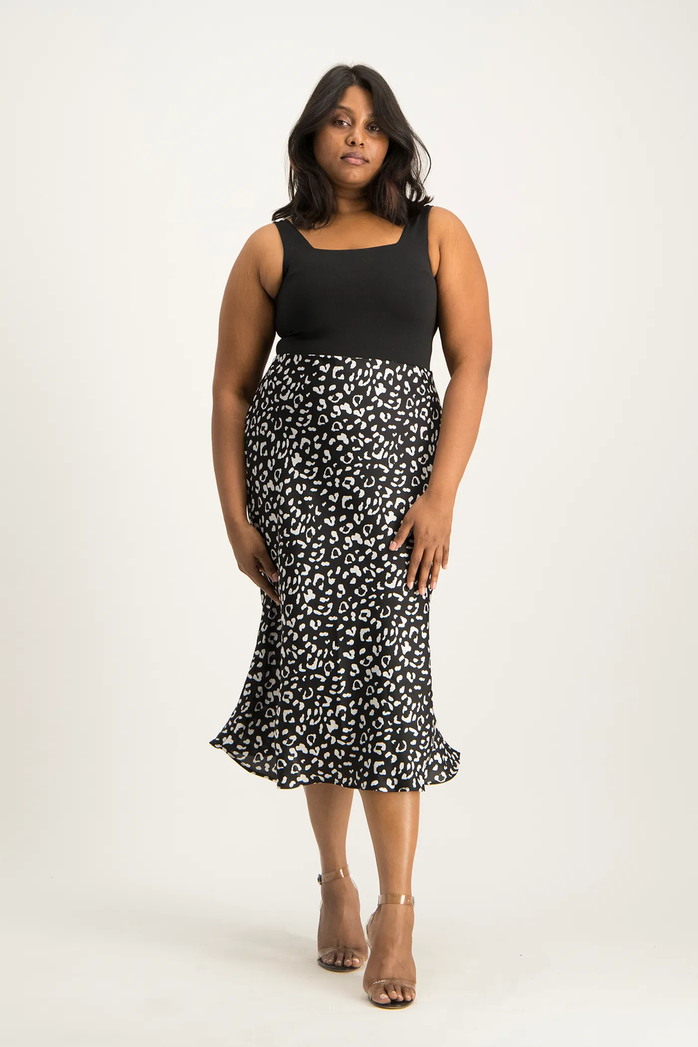 Natalie Satin Midi Skirt - Black Animal Print