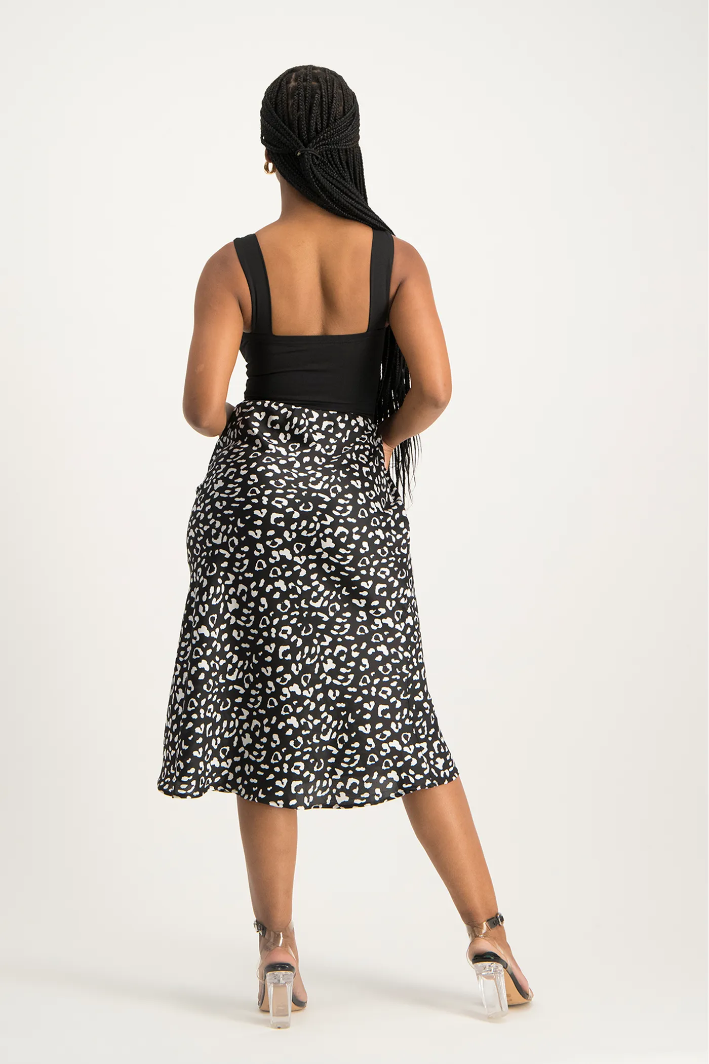 Natalie Satin Midi Skirt - Black Animal Print
