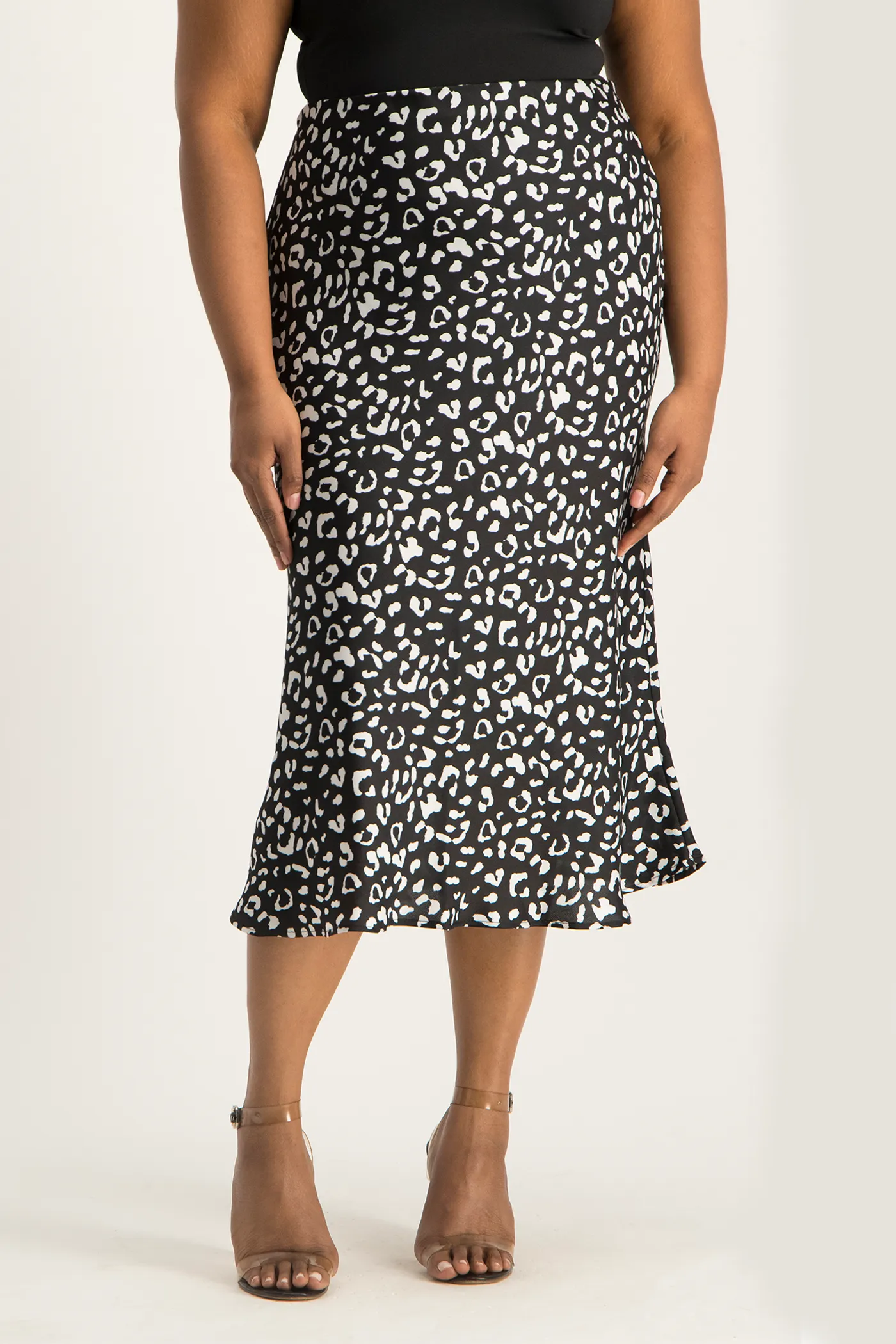 Natalie Satin Midi Skirt - Black Animal Print