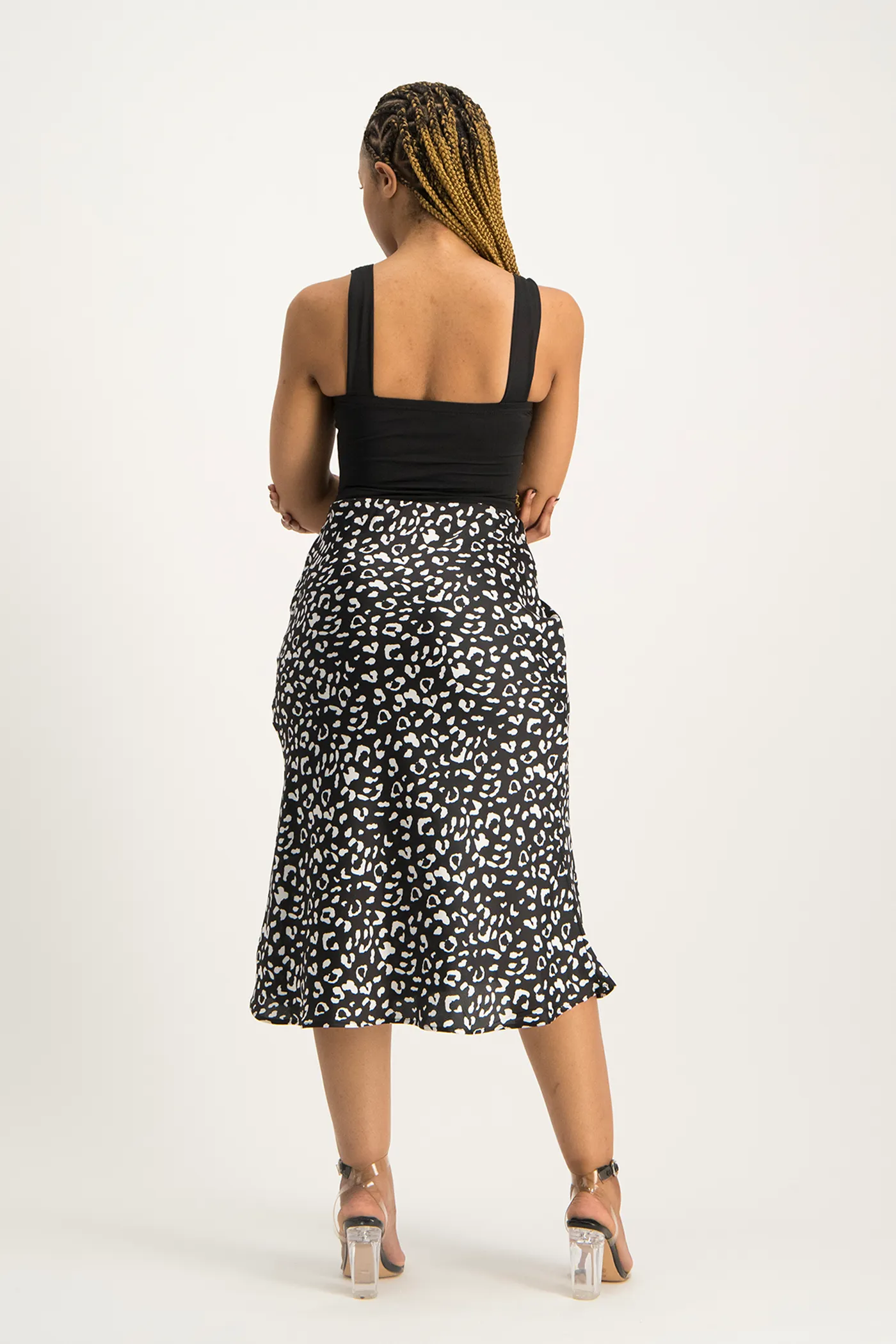 Natalie Satin Midi Skirt - Black Animal Print