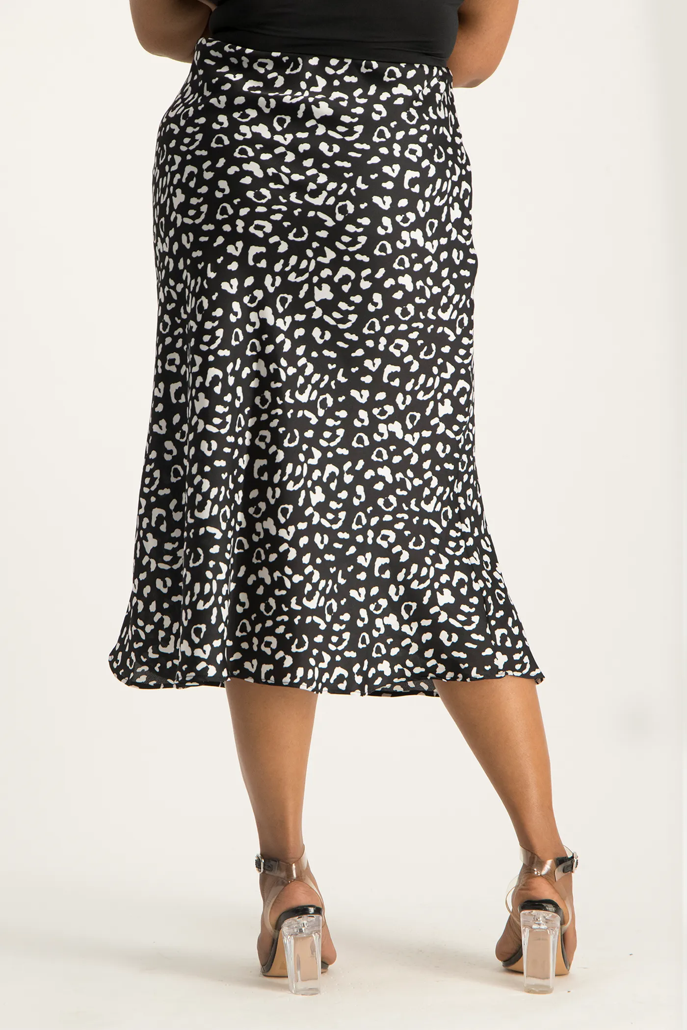 Natalie Satin Midi Skirt - Black Animal Print