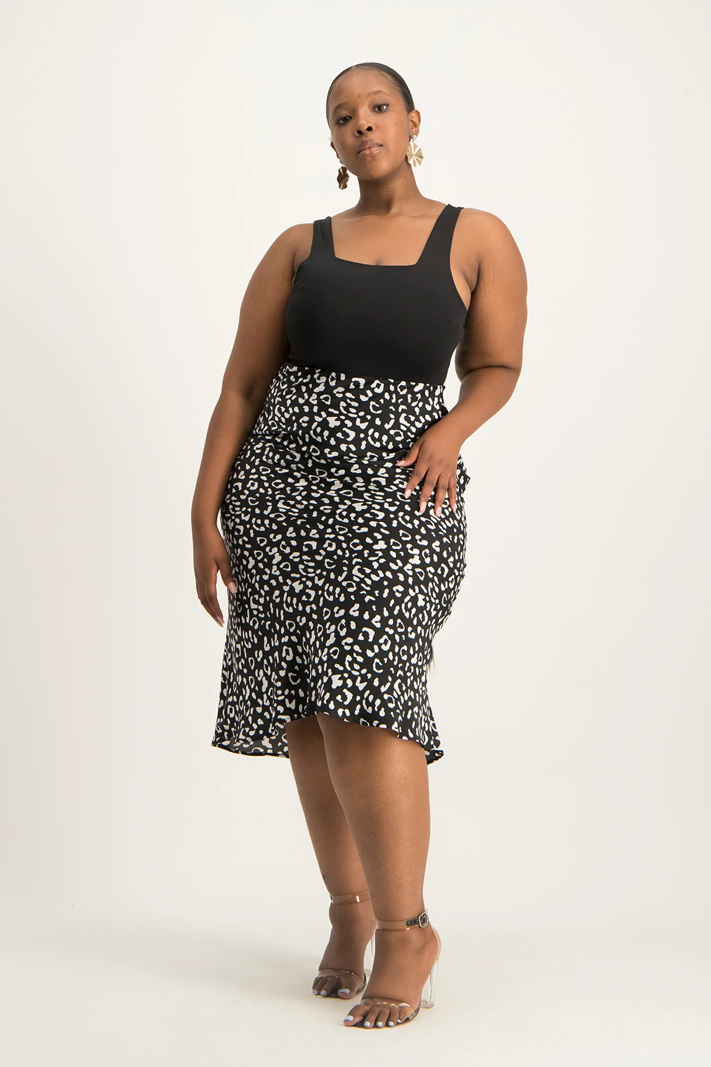 Natalie Satin Midi Skirt - Black Animal Print