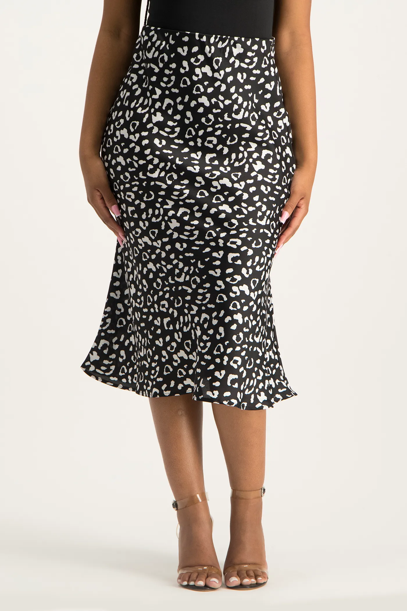 Natalie Satin Midi Skirt - Black Animal Print