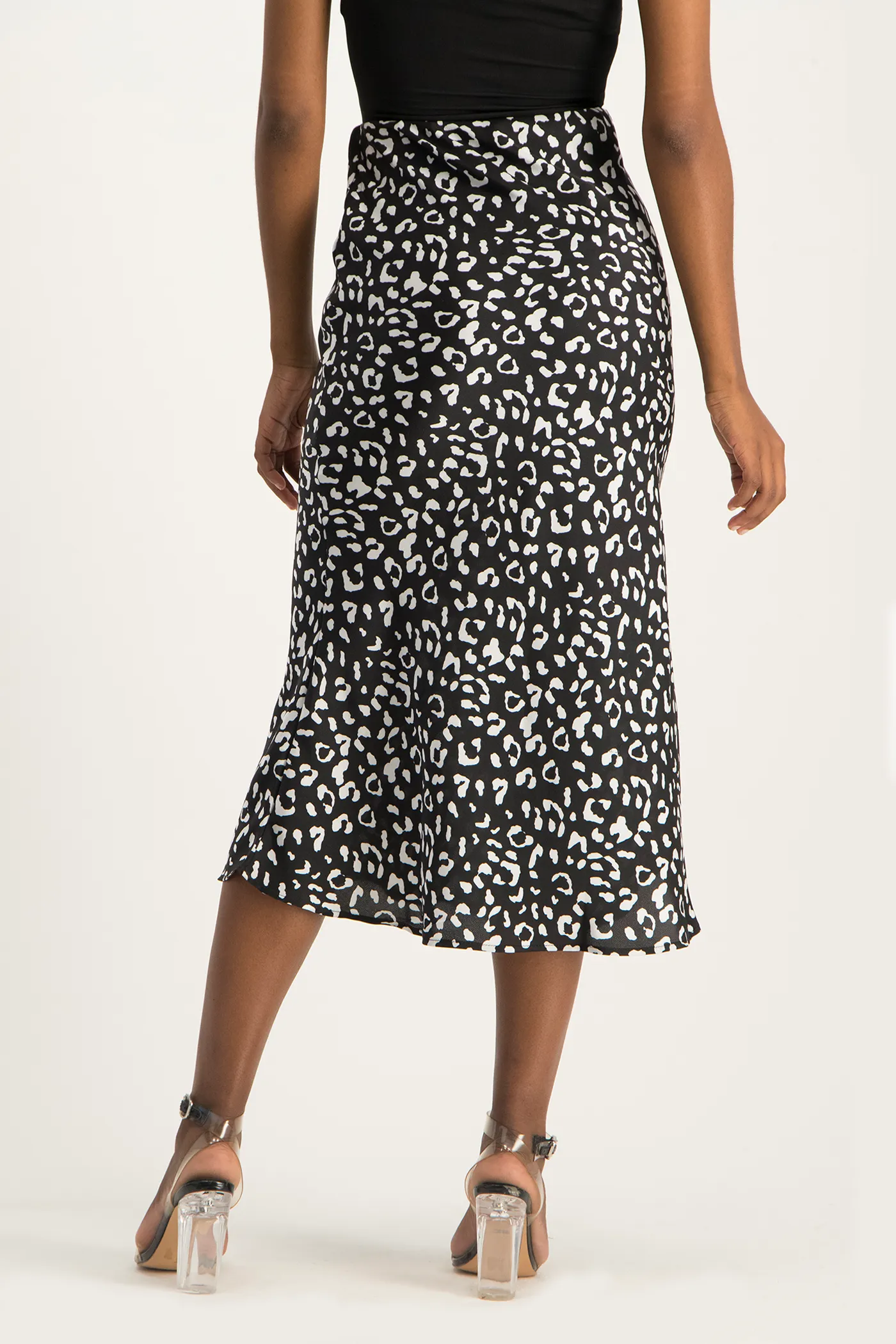 Natalie Satin Midi Skirt - Black Animal Print