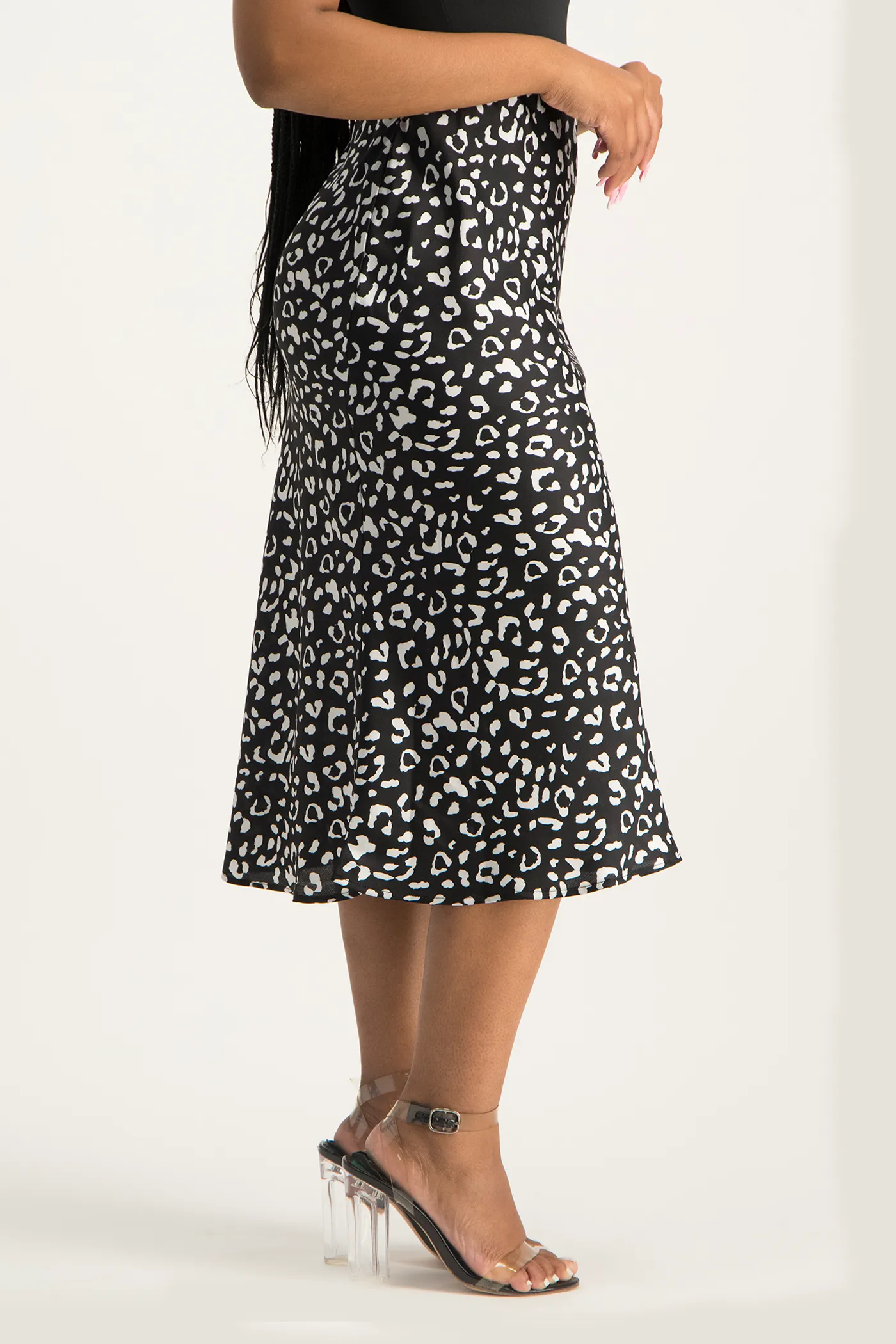 Natalie Satin Midi Skirt - Black Animal Print