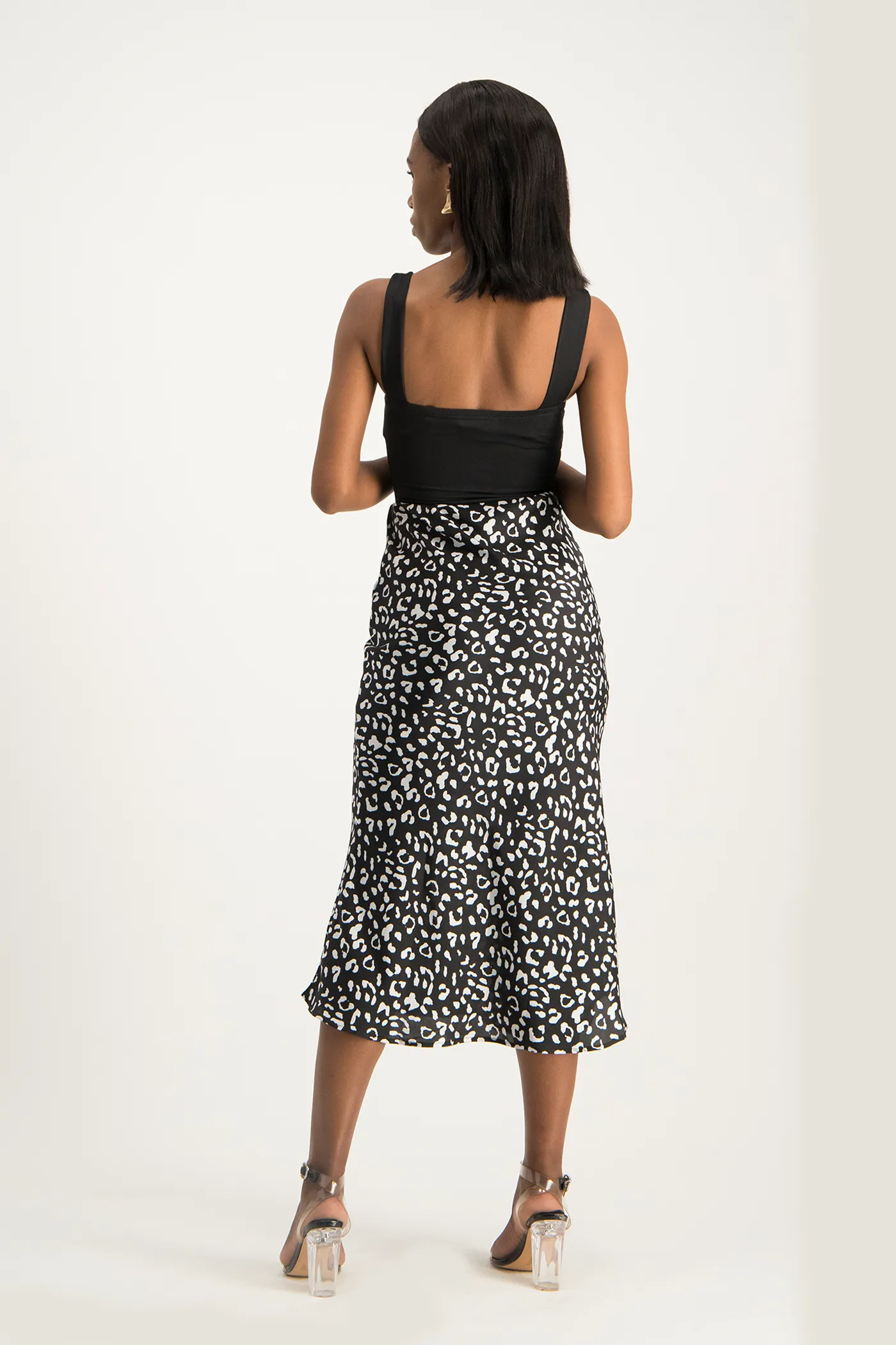 Natalie Satin Midi Skirt - Black Animal Print