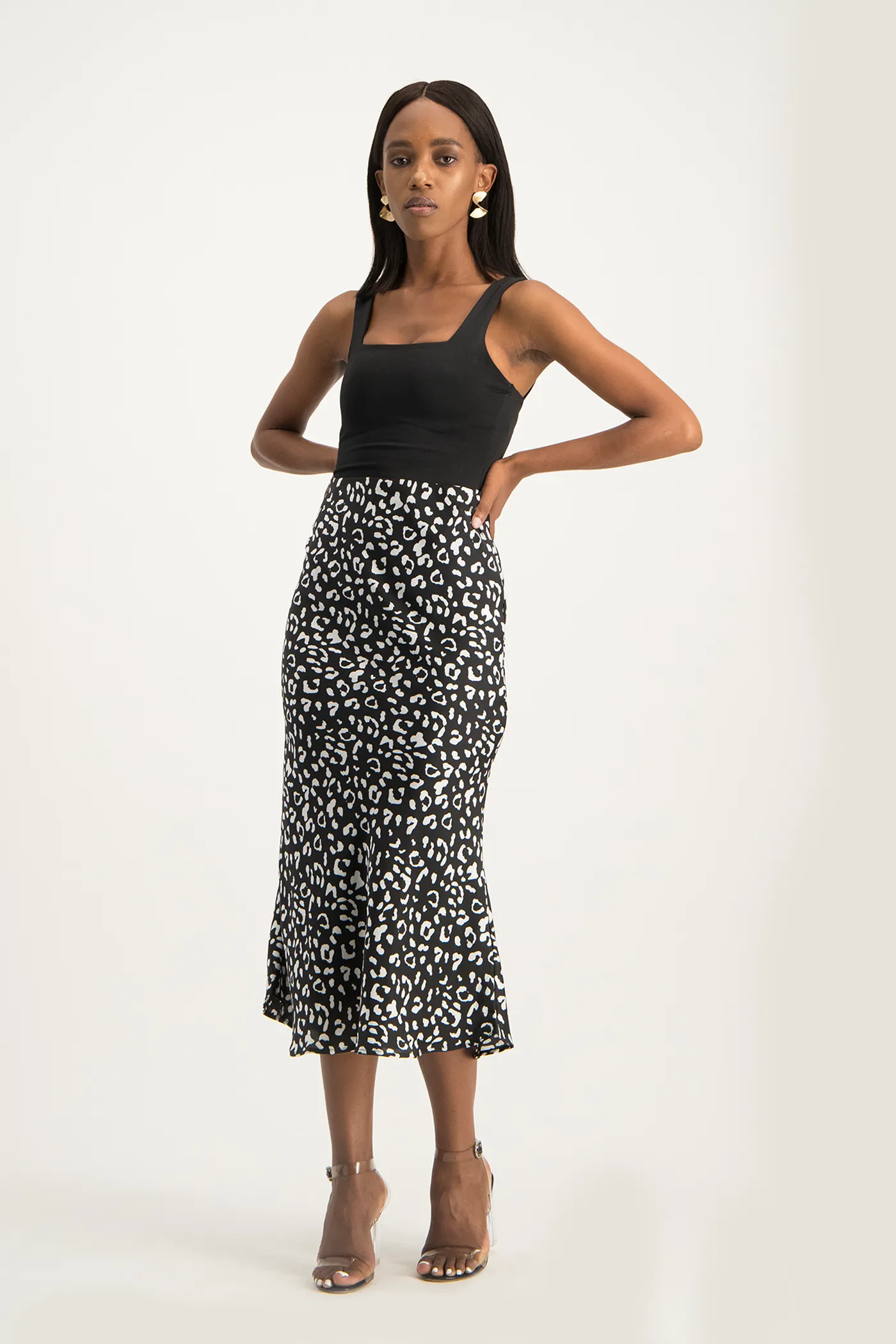 Natalie Satin Midi Skirt - Black Animal Print