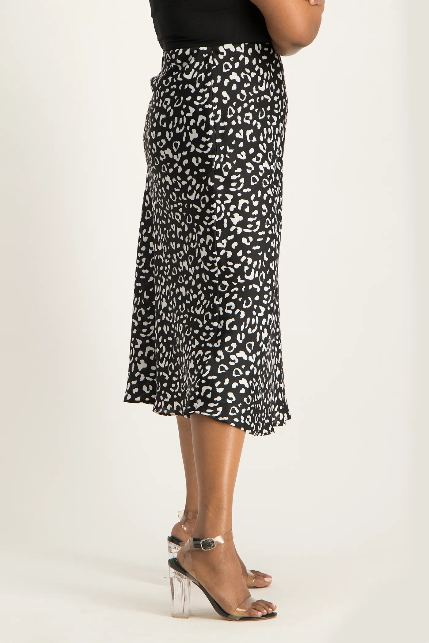 Natalie Satin Midi Skirt - Black Animal Print