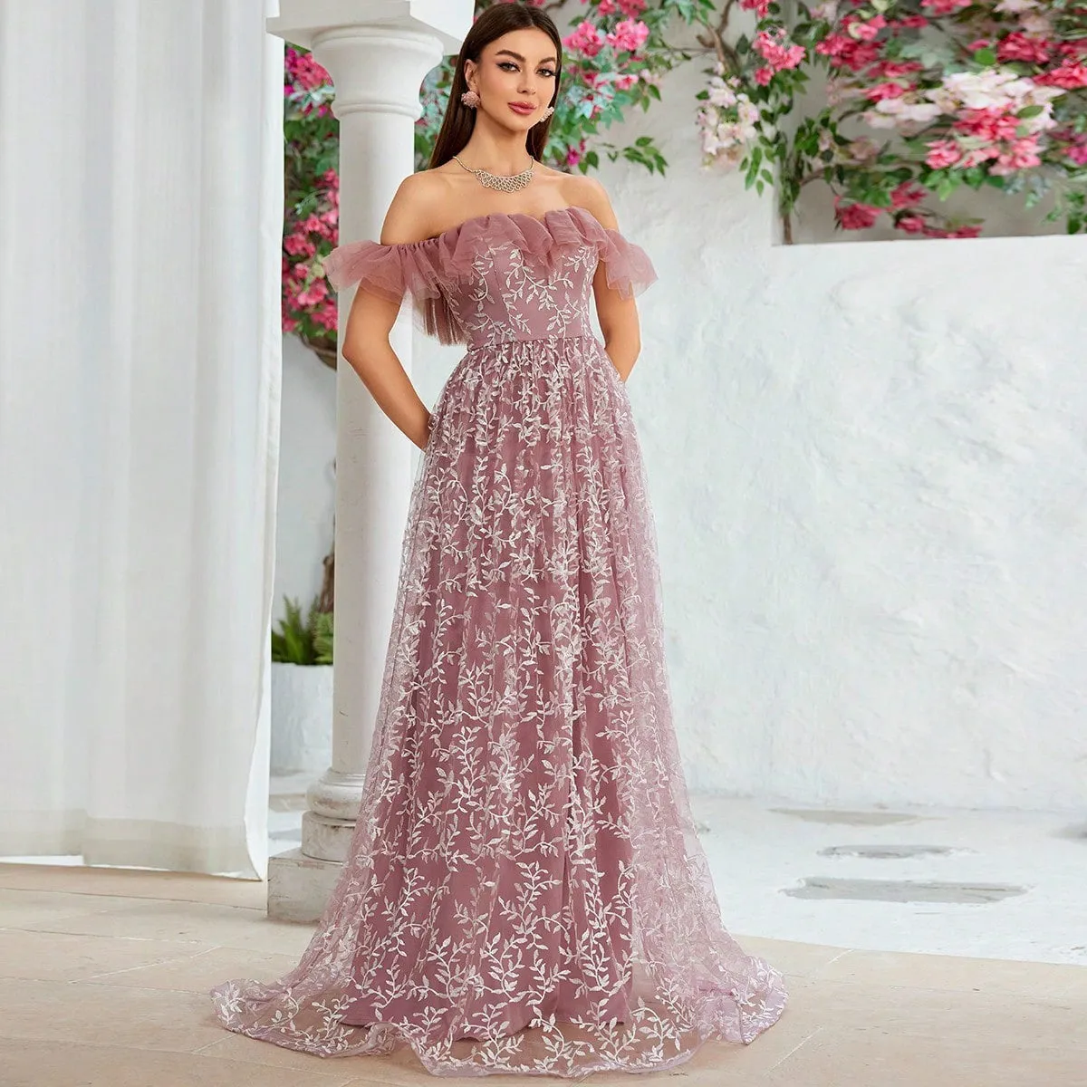 Off Shoulder Embroidery Slim Fit Evening Dress