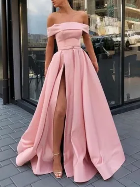 Off Shoulders Pink Simple Prom Dress 2021 A line Side Slit Prom Gown GDC1071