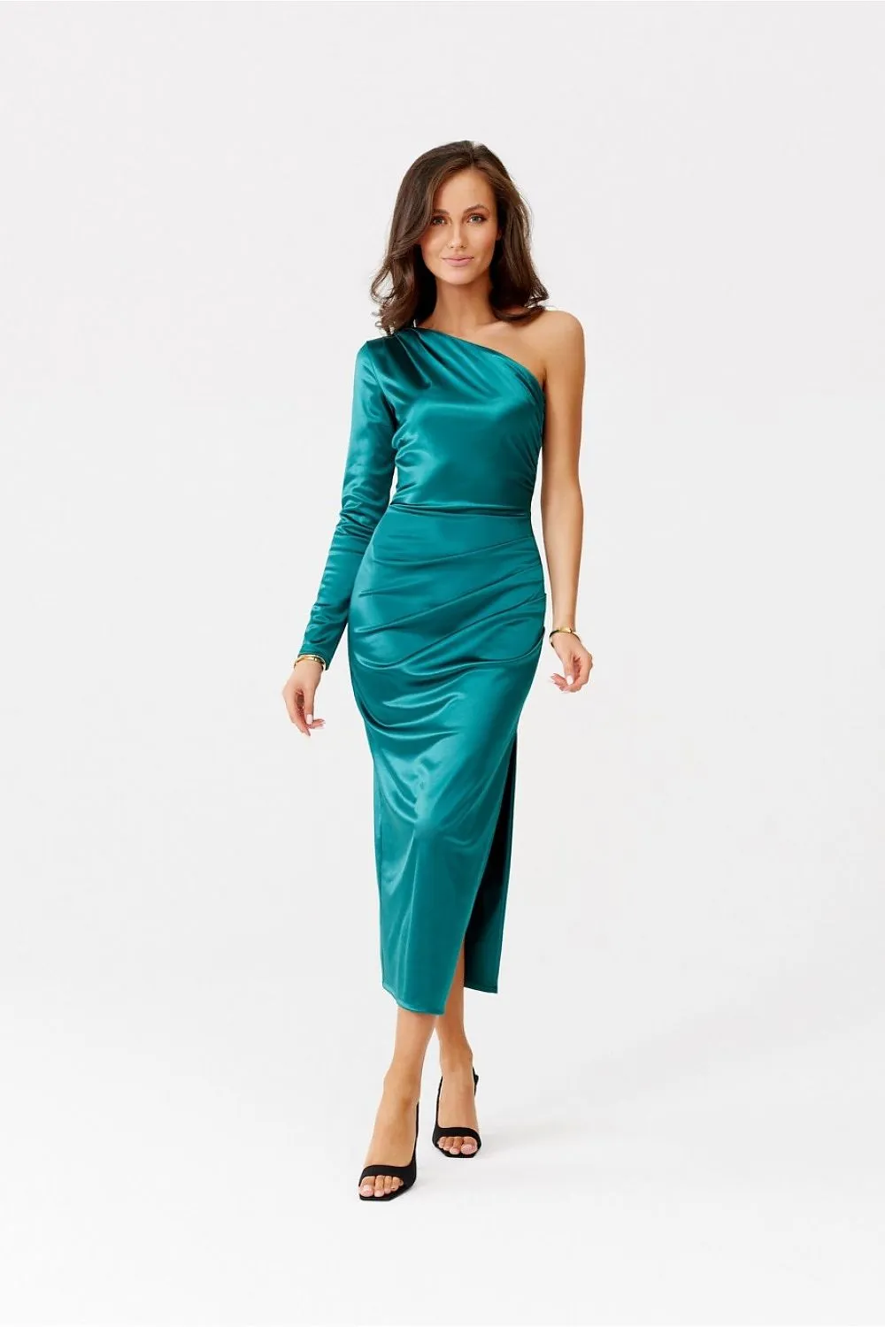 One long sleeve with a subtle slit satin evening dress