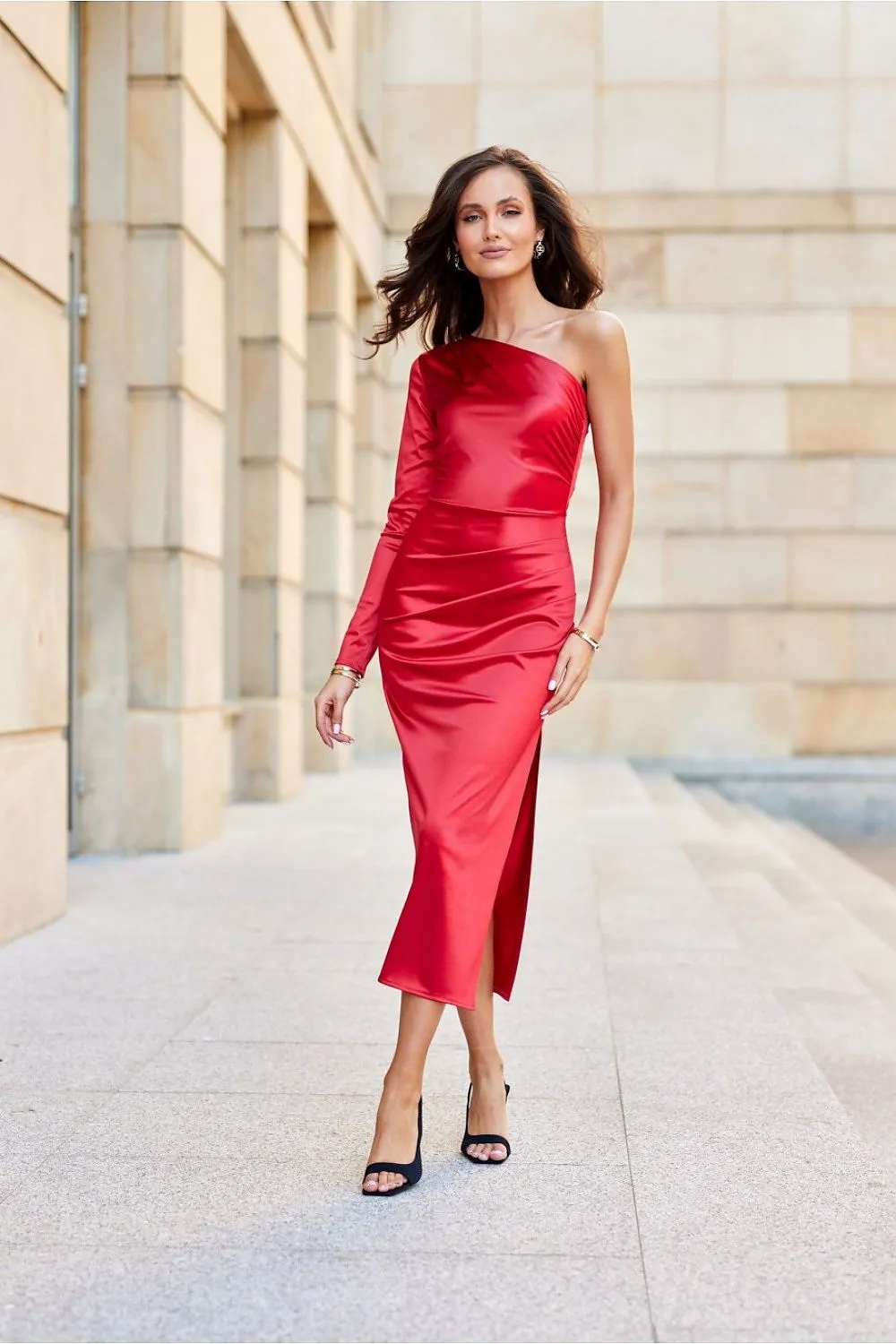 One long sleeve with a subtle slit satin evening dress