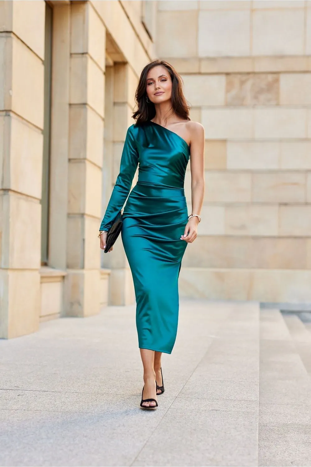 One long sleeve with a subtle slit satin evening dress