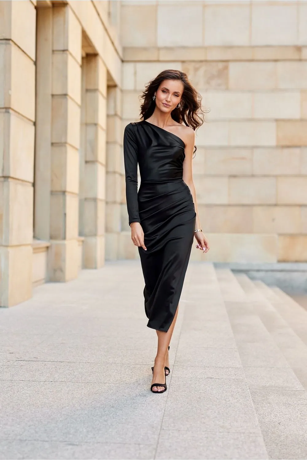 One long sleeve with a subtle slit satin evening dress