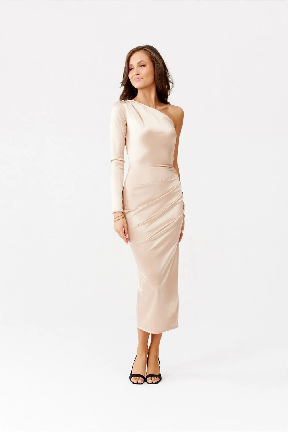 One long sleeve with a subtle slit satin evening dress