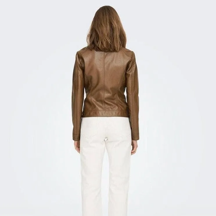 ONLY Onlbandit Faux Leather Jacket in Brown/Cognac
