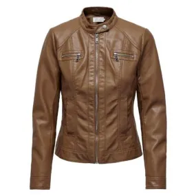 ONLY Onlbandit Faux Leather Jacket in Brown/Cognac