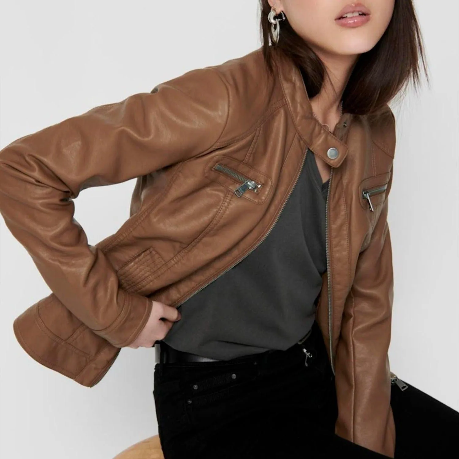 ONLY Onlbandit Faux Leather Jacket in Brown/Cognac