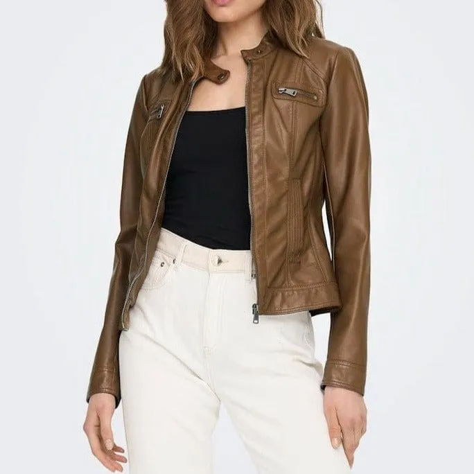 ONLY Onlbandit Faux Leather Jacket in Brown/Cognac