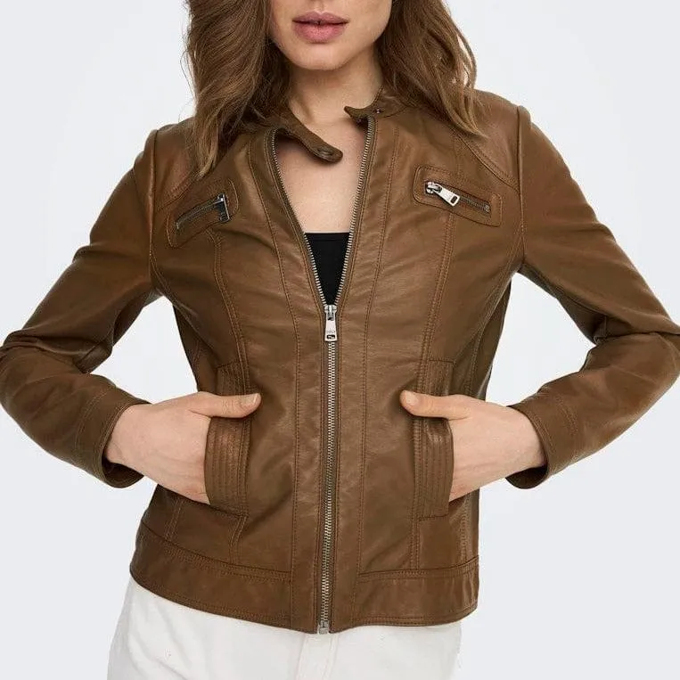 ONLY Onlbandit Faux Leather Jacket in Brown/Cognac